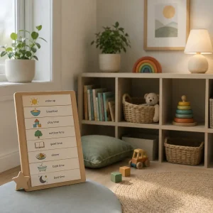 Daily routine chart for young children featuring wake-up, play, meals, and bedtime activities in a calm early learning environment.