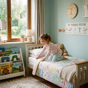 Toddler building trust and confidence with early childhood educator