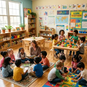 Children learning through group reading, puzzles, building activities, and collaborative play in an engaging early childhood classroom