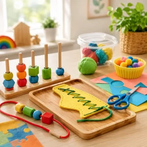 Preschool fine motor development activities featuring lacing, threading, cutting, sorting, and creative hands-on learning materials.