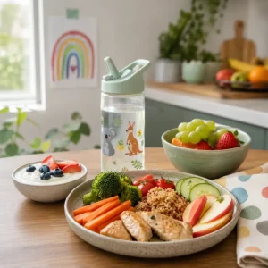 Balanced healthy meal for growing children in Australia featuring fresh fruit, vegetables, protein, whole grains, and water.