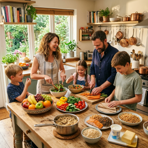 Parents teaching children healthy eating habits in family kitchen