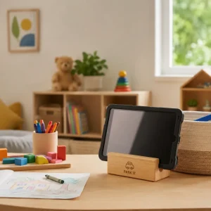 Healthy screen time setup with a tablet surrounded by books, toys, drawing materials, and hands-on learning activities.