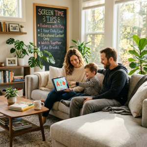 Parents helping child develop healthy screen time habits at home