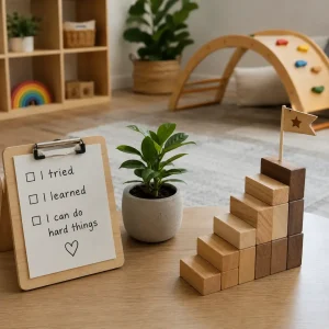 Children's confidence-building activity featuring positive affirmations, learning milestones, and developmental stepping-stone blocks.