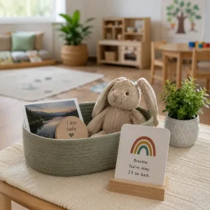 Separation anxiety support tools including comfort toy, reassurance message, and calming resources in a childcare environment.