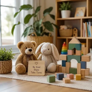 Friendship-building learning activity encouraging kindness, sharing, cooperation, and social skills development in young children.