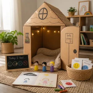 Imaginative play space with a cardboard house, emotion cards, storytelling materials, and comfort items that support children's emotional growth.