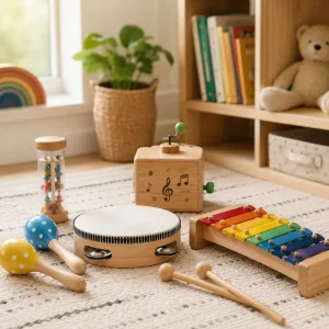 Musical instruments including a xylophone, tambourine, and maracas helping support brain development and learning in early childhood.