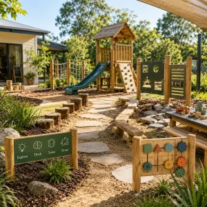 Natural outdoor learning environment with climbing structures, stepping stones, problem-solving activity panels, and open-ended play spaces designed to develop children's critical thinking skills.