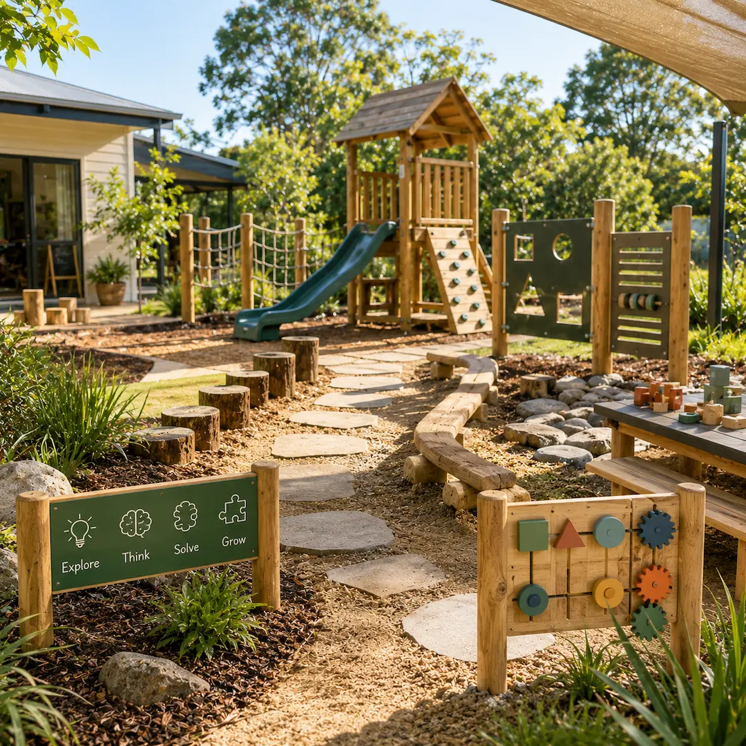 Natural outdoor learning environment with climbing structures, stepping stones, problem-solving activity panels, and open-ended play spaces designed to develop children's critical thinking skills.