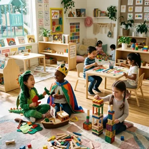Children developing creativity, teamwork, and problem-solving skills through imaginative play and hands-on learning activities in an early learning classroom
