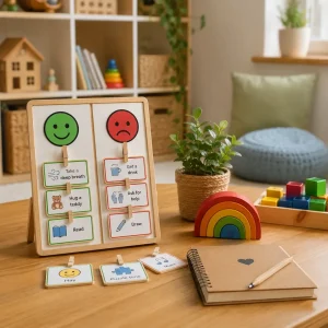 Behaviour support board with emotional regulation choices, calming activities, and positive behaviour strategies for preschool children at home.