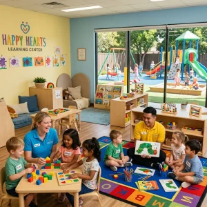 Early learning educators guiding children through interactive play, reading, and creative activities in a supportive childcare environment