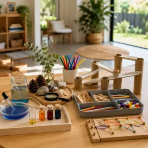 Preschool STEM learning setup at home with science experiment materials, engineering challenges, craft supplies, and hands-on discovery activities.