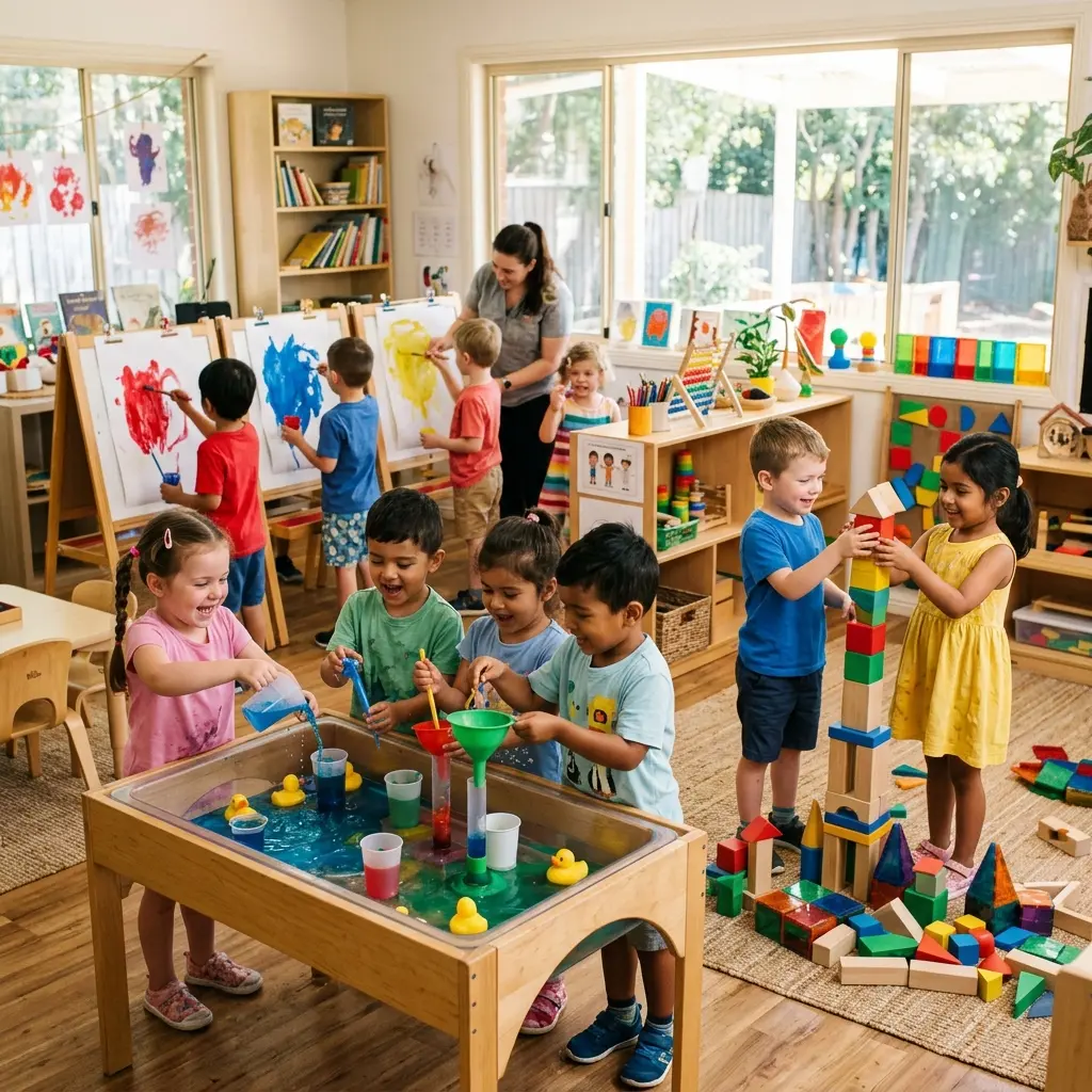 Preschool children exploring STEM learning activities through sensory play, building blocks, painting, and hands-on classroom experiments