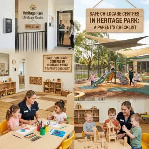Safe childcare centre environment in Heritage Park featuring outdoor play areas, creative learning activities, and supportive early childhood educators