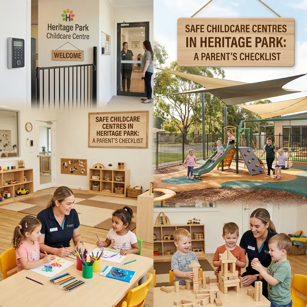 Safe childcare centre environment in Heritage Park featuring outdoor play areas, creative learning activities, and supportive early childhood educators