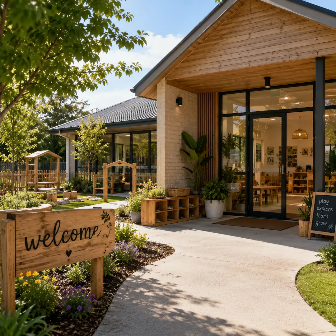 Safe and welcoming childcare centre in Heritage Park with secure outdoor play spaces, landscaped grounds, and bright early learning classrooms designed for young children.