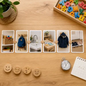 School readiness visual schedule featuring daily routines, self-care tasks, and independence skills children need before kindergarten.