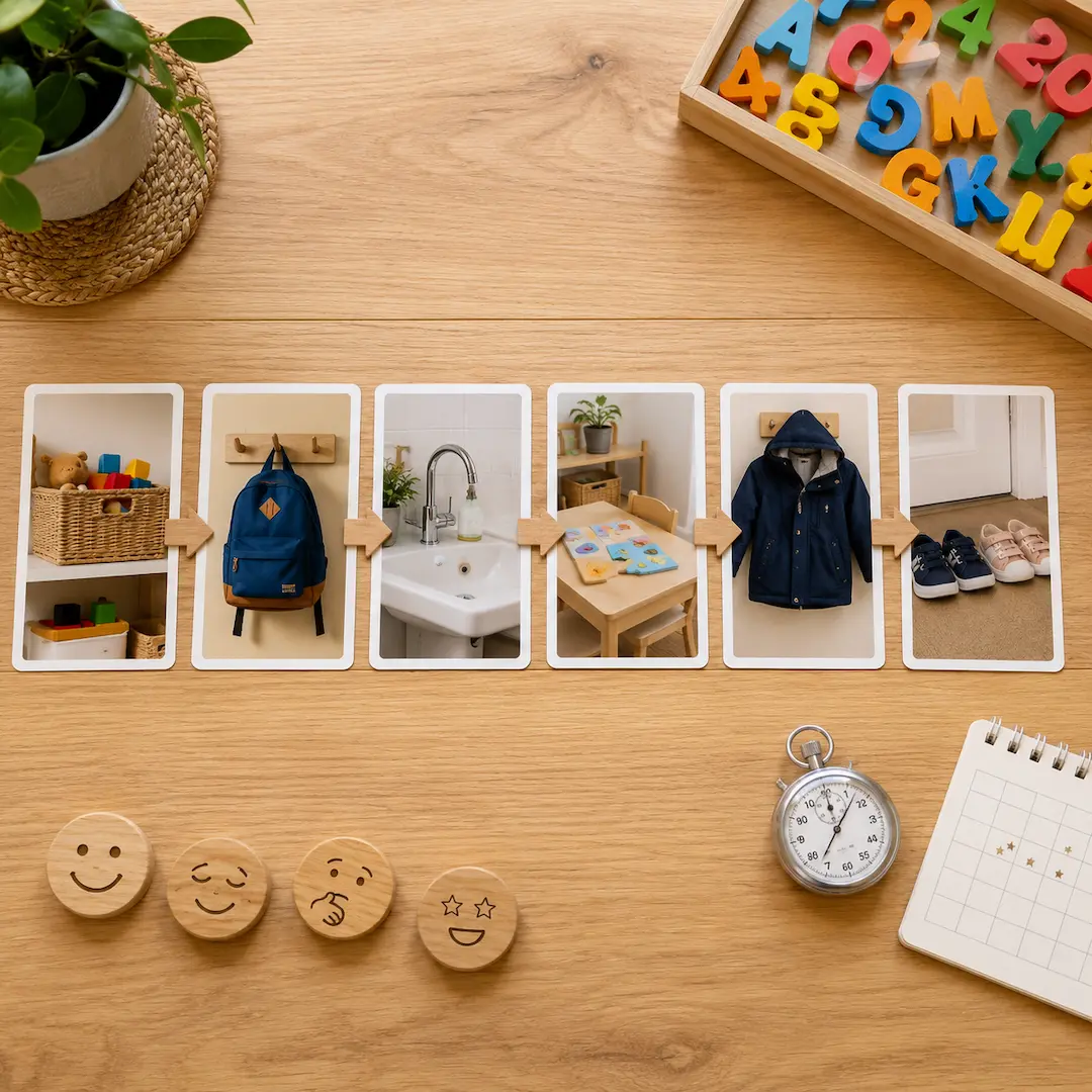 School readiness visual schedule featuring daily routines, self-care tasks, and independence skills children need before kindergarten.