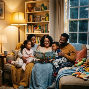 Parents and children enjoying shared reading time at home