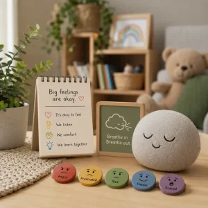 Emotional development toolkit with feeling cards, calming prompts, and regulation strategies for toddlers and preschool-aged children.
