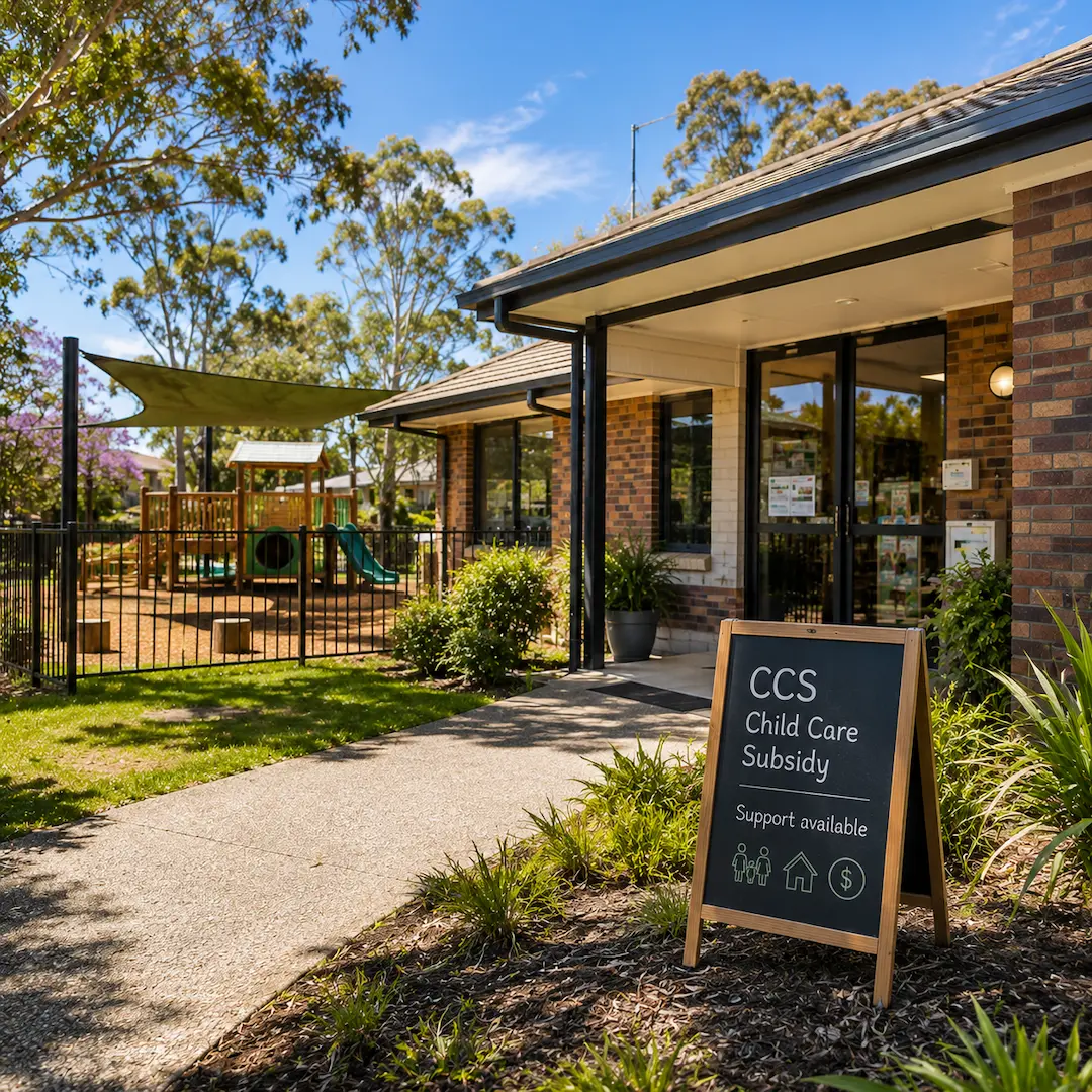 Childcare centre in Ipswich displaying Child Care Subsidy information, with outdoor play facilities and family support resources for accessing CCS benefits.