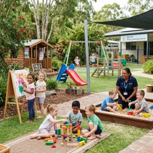 Children enjoying outdoor learning and play activities at an early learning centre with creative games, sand play, and social interactio
