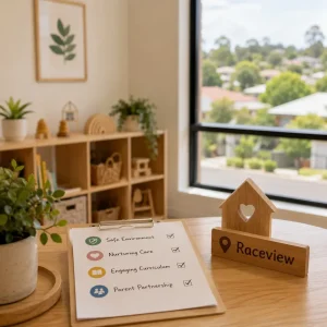 Checklist of key childcare centre qualities in Raceview, including safety, nurturing care, curriculum, and family partnership in a welcoming learning environment.