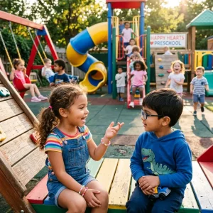 Preschool children building friendships and communication skills through outdoor play and social interaction at an early learning centre