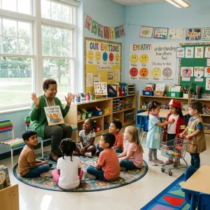 Early learning classroom teaching emotional development, empathy, social interaction, and communication skills through group activities and play