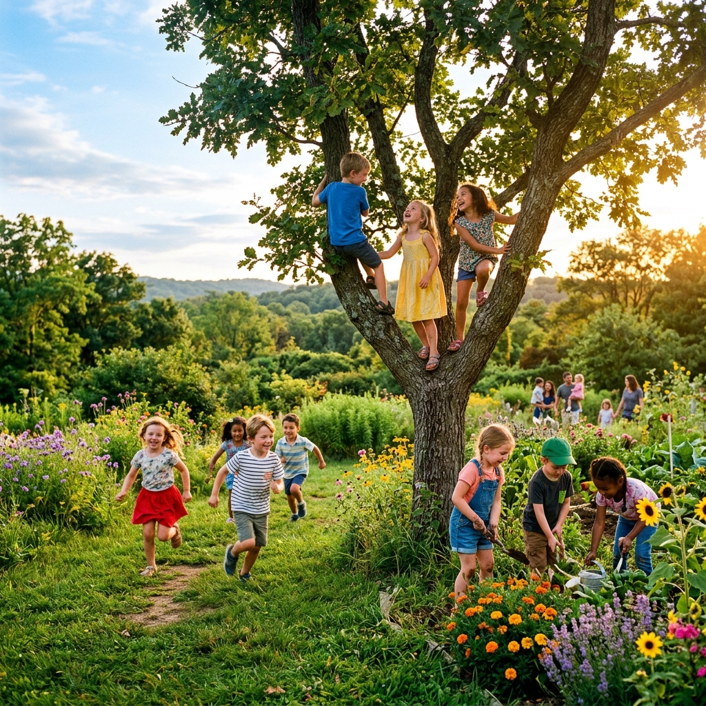 Preschool children building social skills through outdoor group play