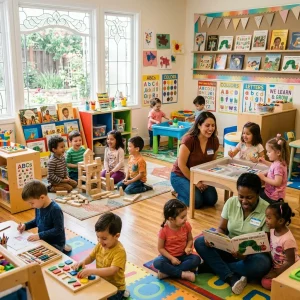 Children learning through reading, sensory play, building activities, and creative exploration in an engaging early childhood classroom