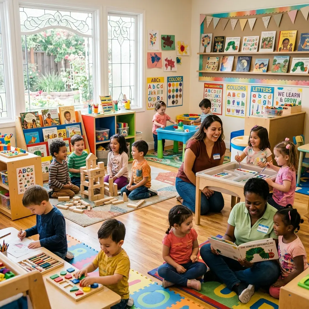 Children learning through reading, sensory play, building activities, and creative exploration in an engaging early childhood classroom