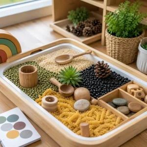Sensory learning activity using natural materials, textures, and exploration tools that help children learn through hands-on play.