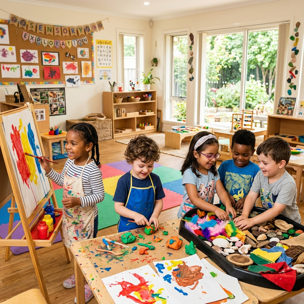 Children participating in sensory play and creative learning activities