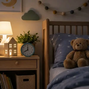 Healthy bedtime routine setup featuring calming lighting, a comfort toy, and sleep-friendly surroundings for young children.