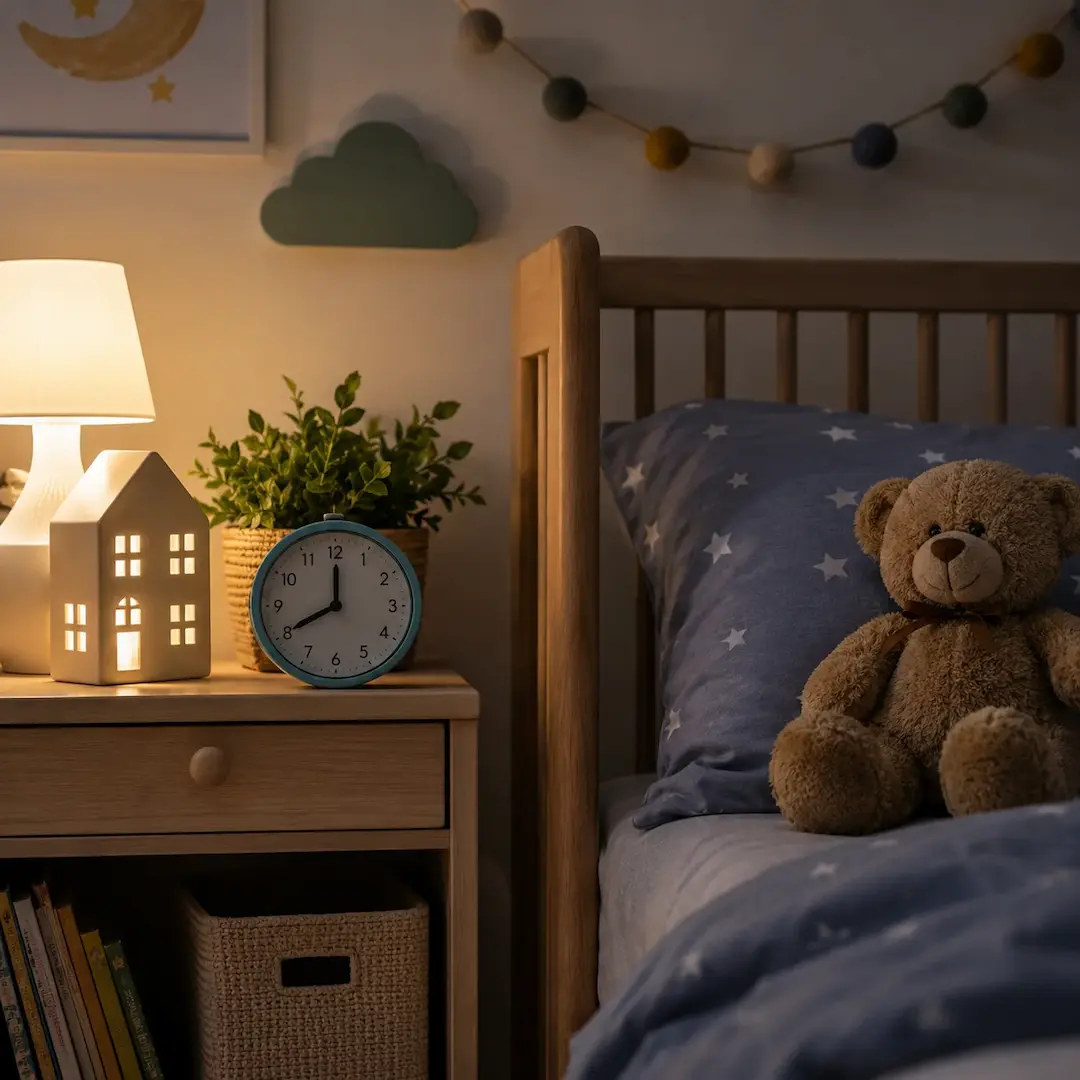 Healthy bedtime routine setup featuring calming lighting, a comfort toy, and sleep-friendly surroundings for young children.