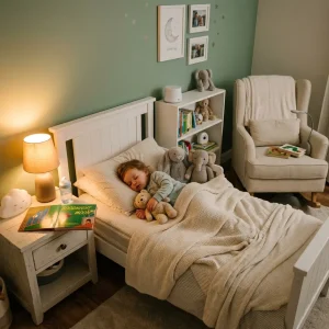 Child sleeping peacefully in calming bedtime environment