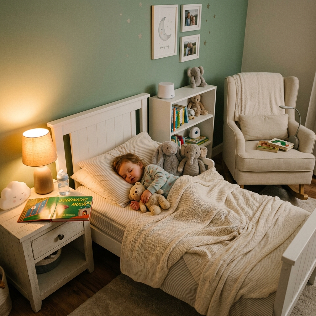 Child sleeping peacefully in calming bedtime environment