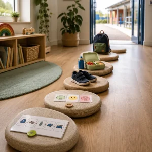 Stepping stones with emotion cards, routines, shoes, lunchbox and backpack leading toward school, symbolising resilience growth.