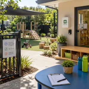 Secure childcare centre outdoor play area with controlled entry gate, first aid station, sign-in procedures, and safe play equipment for children.