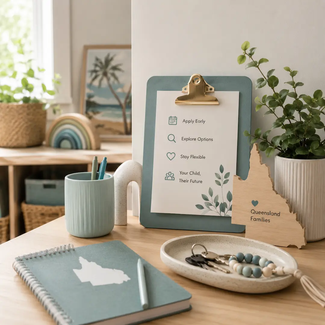 Queensland childcare enrolment planning setup featuring a waiting list checklist, Queensland-shaped family guide, notebook, keys, and early learning themed decor in a bright home environment.