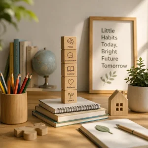 Educational learning display featuring stacked wooden blocks labelled focus, communication, curiosity, resilience, and growth, symbolising early learning habits that support long-term academic success.