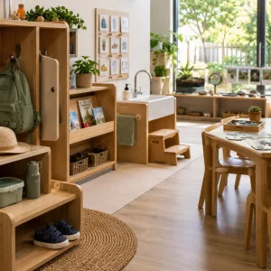 Childcare learning space with self-help stations, accessible resources, and nature-based activities that encourage independence.