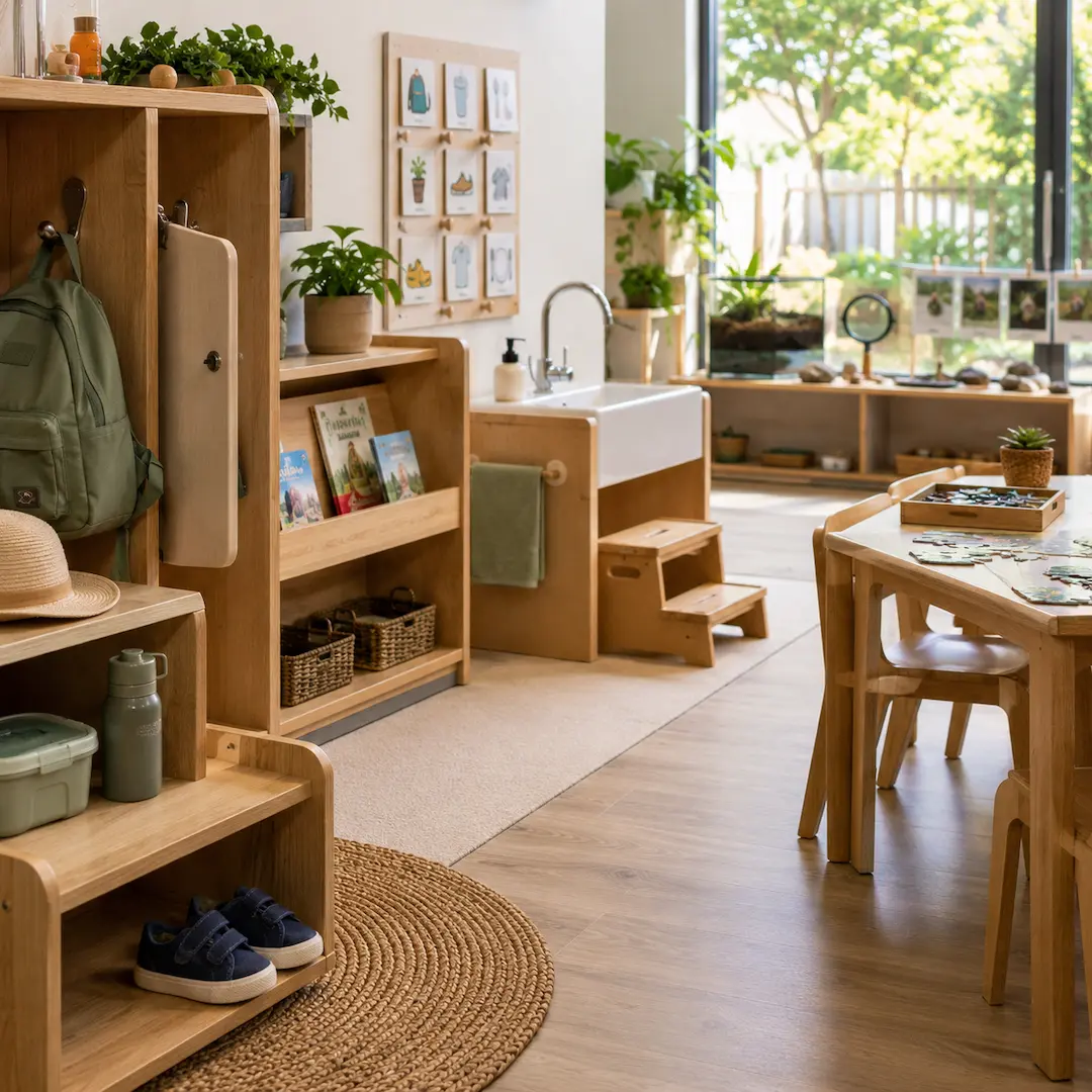 Childcare learning space with self-help stations, accessible resources, and nature-based activities that encourage independence.