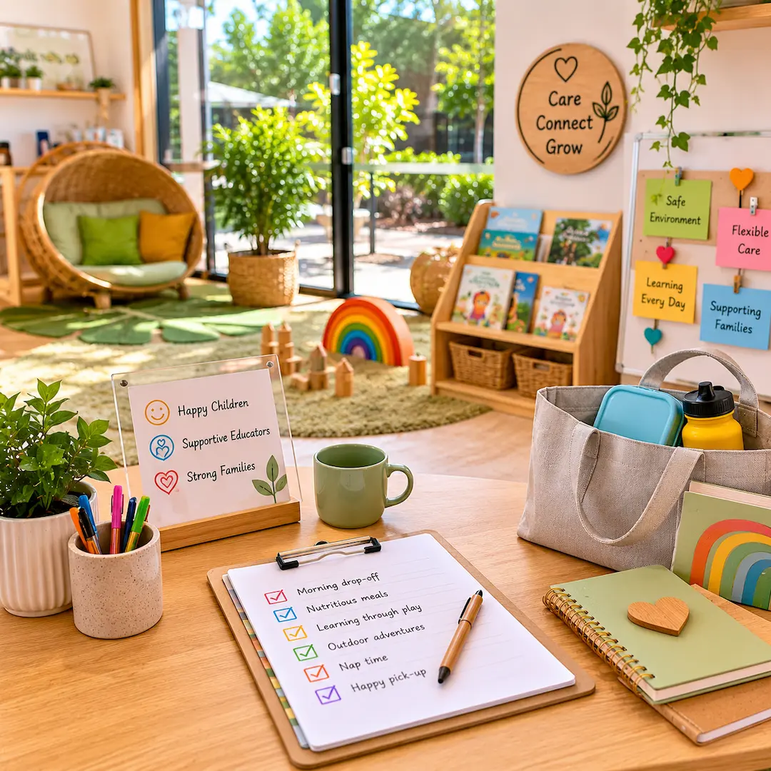 Childcare centre learning space showcasing flexible care, nutritious meals, organised routines, play-based learning, and support for busy working families.