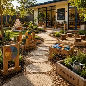 Outdoor childcare learning space with teamwork, problem-solving, responsibility and listening stations supporting leadership growth.