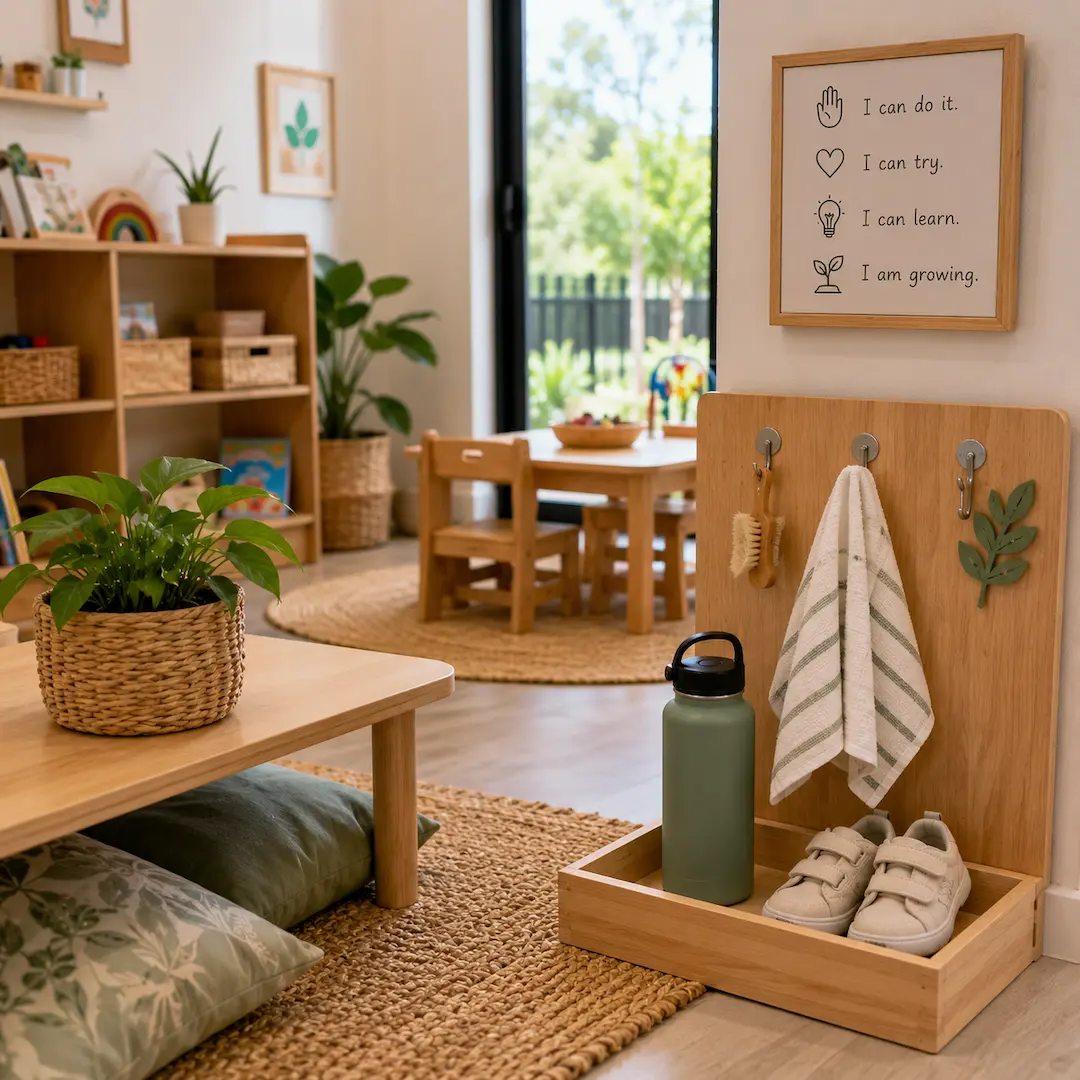 Early learning centre self-help station with child-sized belongings, routine-based setup, and learning environment that encourages independence and confidence.
